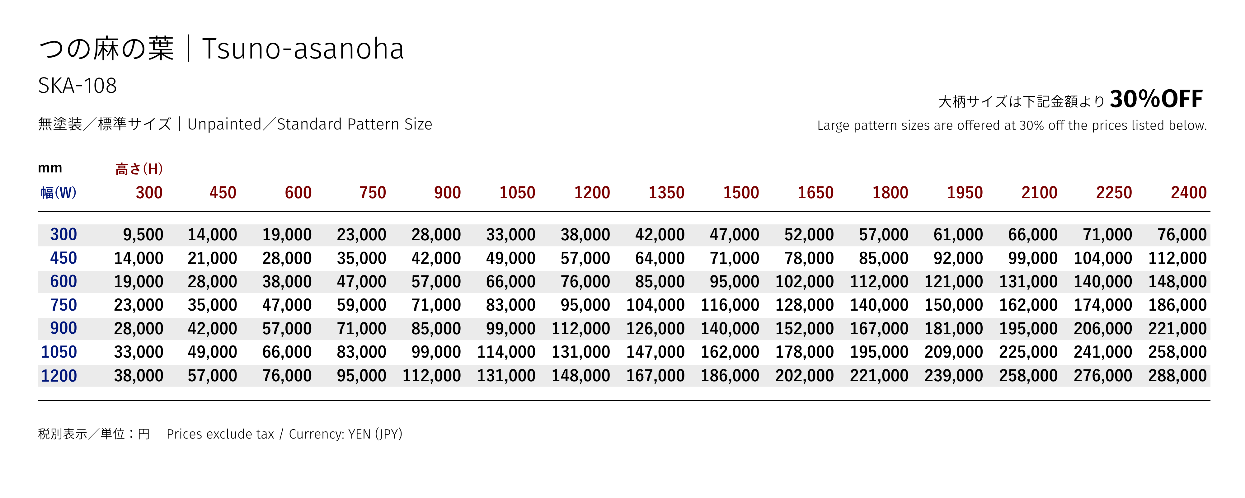 つの麻の葉 価格表